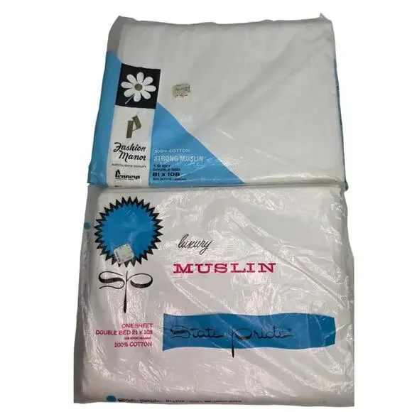 Vintage Muslin Flat Sheets Full Double 81x108 White Cotton State Pride