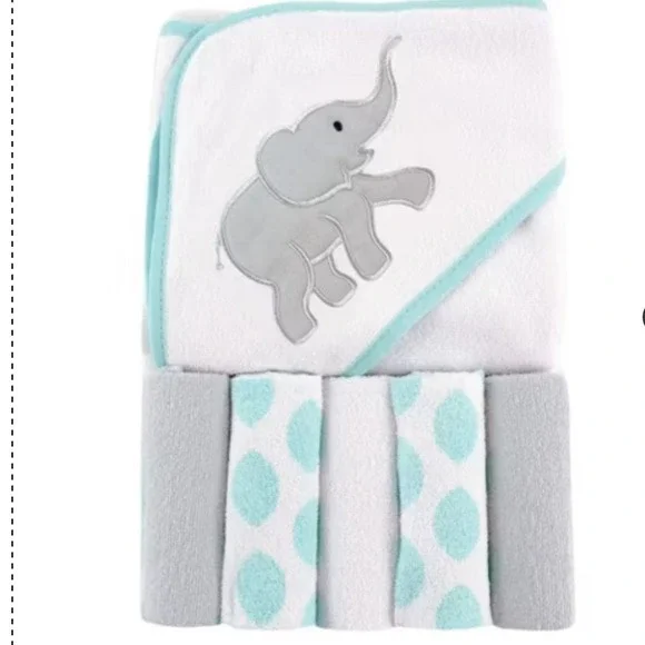 Luvable Friends‎ Baby Gift Set Hooded Towel 5 Washcloths Elephant Aqua White