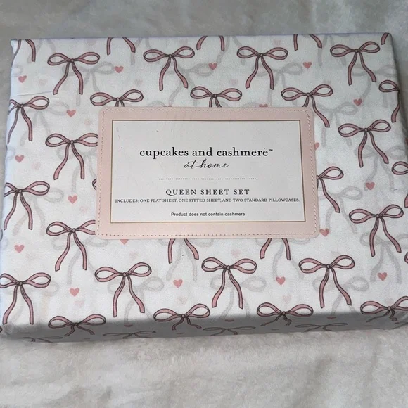 Cupcakes & Cashmere Pink Bows And Hearts QUEEN SIZE Sheet Set Coquette 2025 🩷🎀