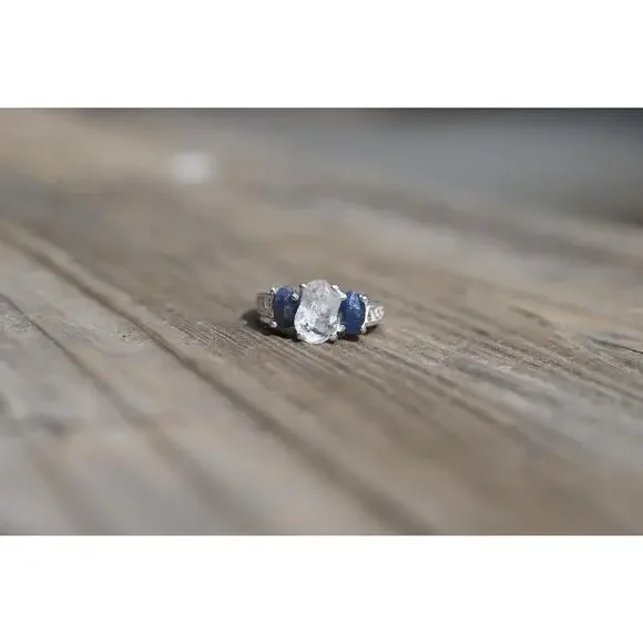Engagement ring Burmese sapphire and Lake County diamond sterling silver