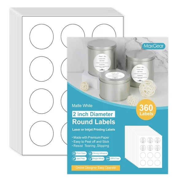 NWt 2 Inch White Round Labels for Home Office. 30 Shhets Of 12