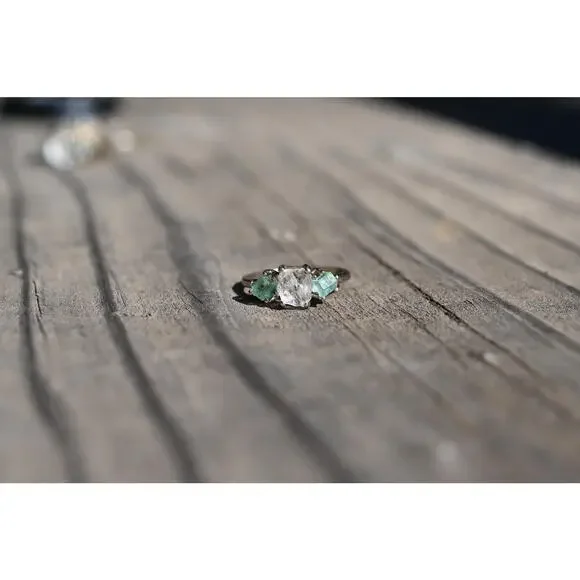 Emerald engagement ring 14k white gold size 7