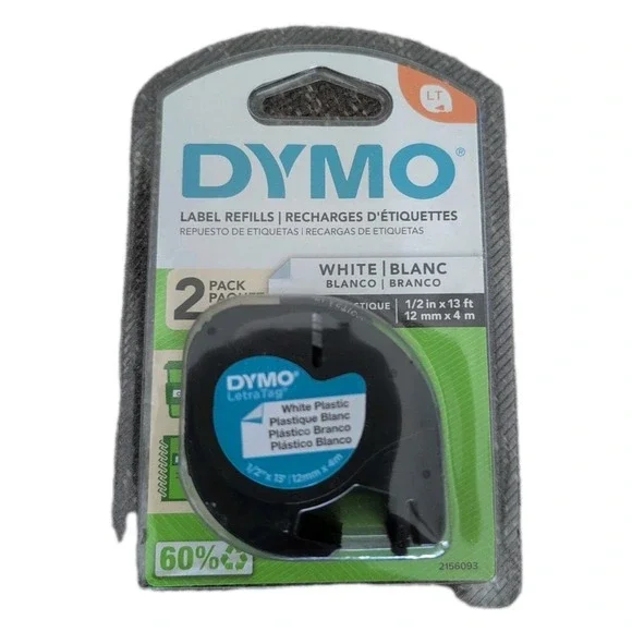 Dymo 91331 White Plastic Lable Marker Tape 1/2 in x 13 ft New 2 Refills