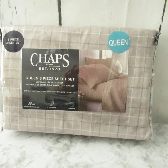 Chaps Sheets Queen Size‎ Beige Plaid Wrinkle Resistant Ultra Soft 6 Piece Set