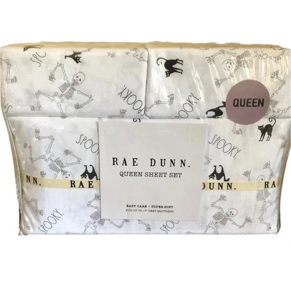 Rae Dunn Queen Size Halloween Bed Sheet Set Skeleton Spooky Black Cat