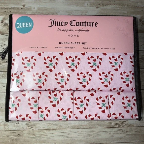Juicy‎ Couture Queen Sheet Set Pink Candy Cane Heart Monogram 6 Piece New