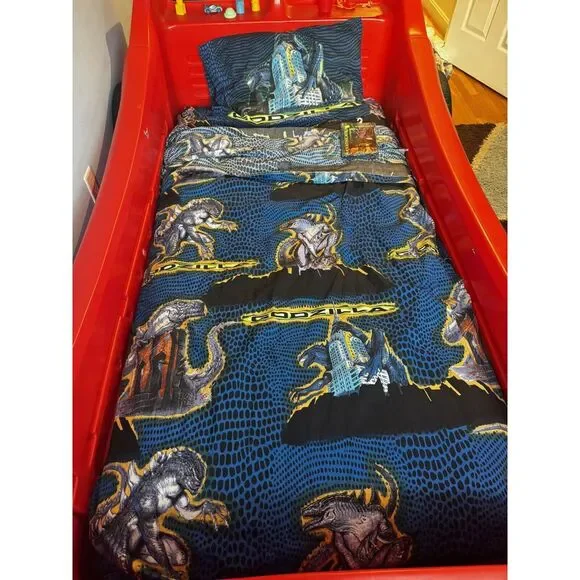 Vintage 1998 Godzilla‎ Twin Sheet Set Pillowcase Flat Fitted Valance Bibb Toho