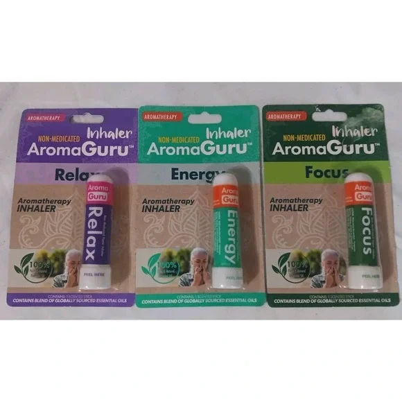 3 AromaGuru Inhalers Relax Energy‎ Focus Aromatherapy Non-medicated