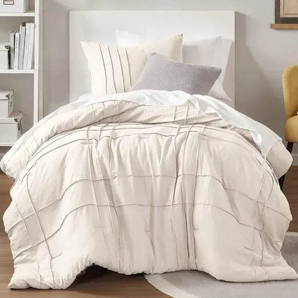 2 Pieces Pintuck Pleated Duvet Cover TwinCream Twin Size Duvet Cover Set
