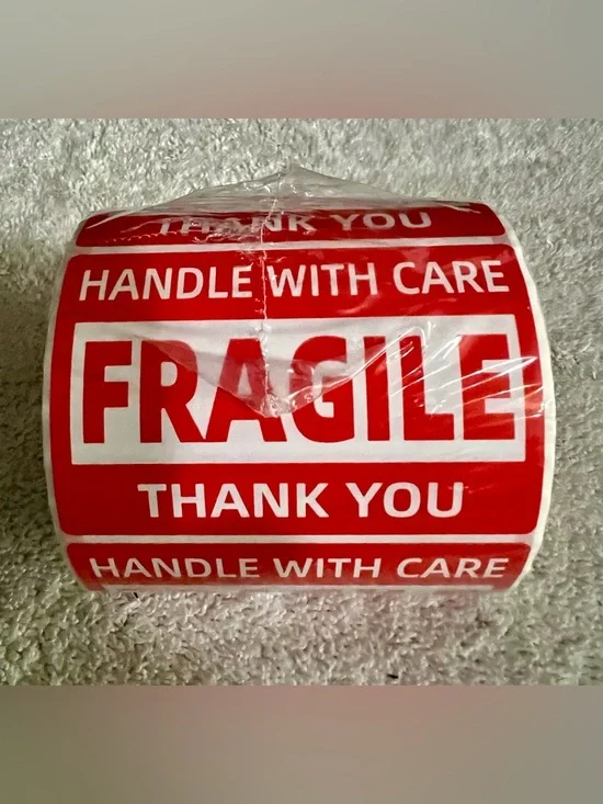 500 Fragile Handle With Care Stickers, 2” x 3”, Peel and Stick, 500 per Roll