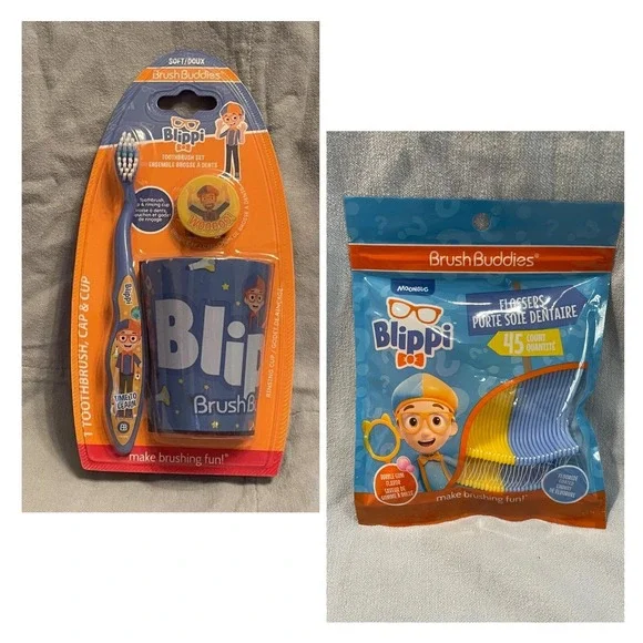 NEW Kid's Blippi Brush Buddies Soft Toothbrush, Cup,‎ Flossers, & Cap Set