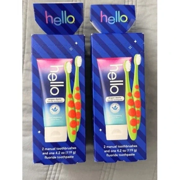 Hello Kids Toothpaste & Toothbrush Set Blue‎ Raspberry Dragon Dazzle 2pk NEW