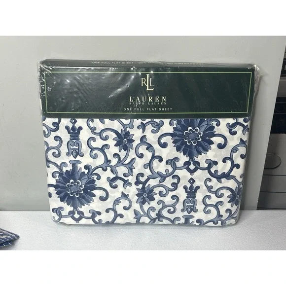 Ralph Lauren Porcelain Rosette Blue Floral Full Flat Sheet New Old Stock