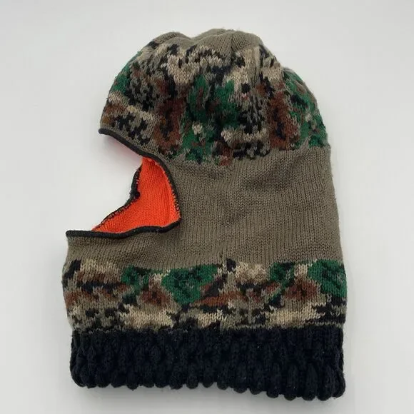 Vintage Knit Ski Mask Camo Face Cover Balaclava Hunting Cold Weather Orange