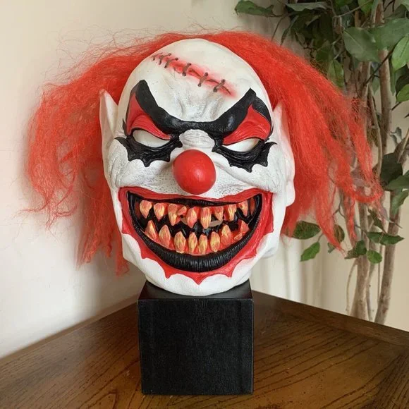 MASK -Vintage Halloween Horror Clown Scary Big Eyes W/ Red Hair Costume Stitches