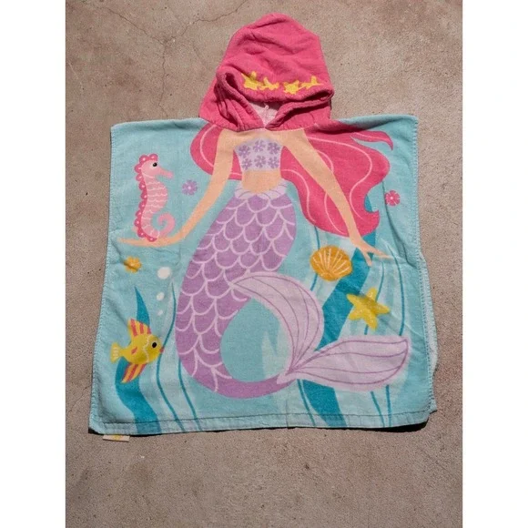Kids Mermaid Hooded Poncho Bath Beach Towel Blue Pink Cotton Wrap 24