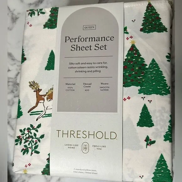 New Threshold Queen Sheet Set Holiday Christmas Tree Winter Scene 400 Thread