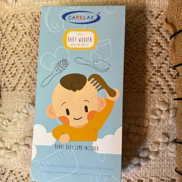 NIB Carelax 3-Piece Baby Wooden Brush & Comb Set - 100% Goat Hair Bristles