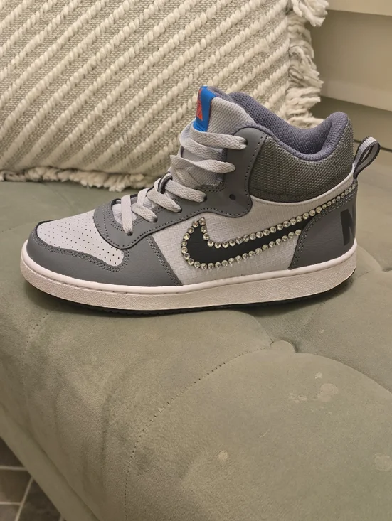 Nike Youth Gray and Black High-Top Sneakers with Rhinestone Swoosh