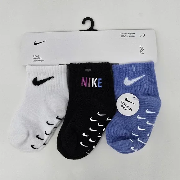 Nike Baby 3 Pair Non Slip‎ Lightweight Ankle Socks~Blue, Black & White 12 - 24 M