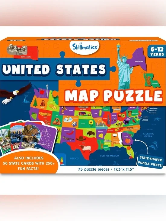 Skillmatics | United States Map Puzzle + 50 State Cards 100% Safe Non-Toxic SET