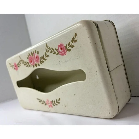 Vtg Ransburg Toleware Metal Hand Painted Roses Wall Tissue Box‎ Holder Cover
