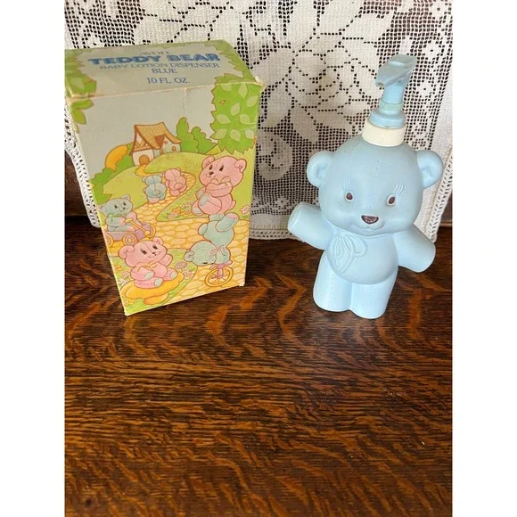 VTG 1981 Avon Teddy Bear Baby Lotion Dispenser Blue PARTIAL 10 oz Original Box