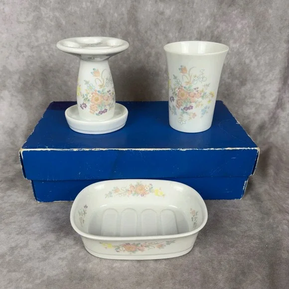 Vtg Takahashi SACHET Floral Porcelain Bathroom Vanity 3pc Set Japan Cottage NIB
