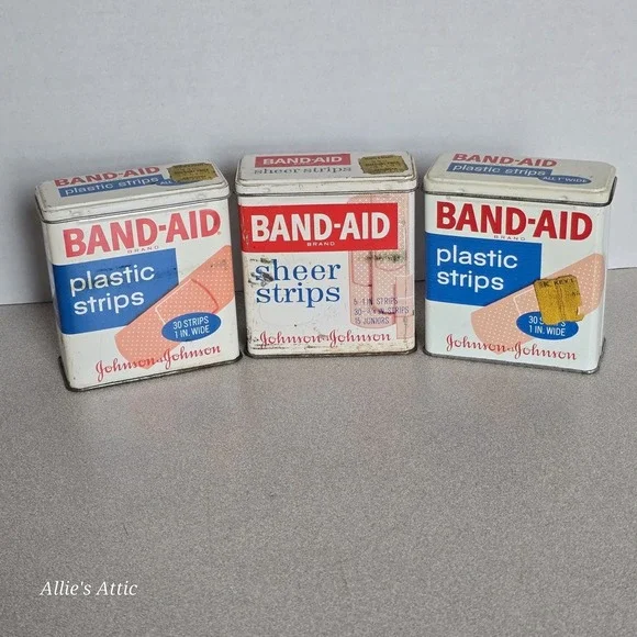 3 Band-Aid Tins Vintage Metal Lid Bathroom‎ Display Cabinet Decor Pharmaceutical