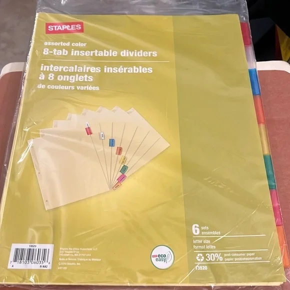 Staples assorted color 8-tab insertable dividers
