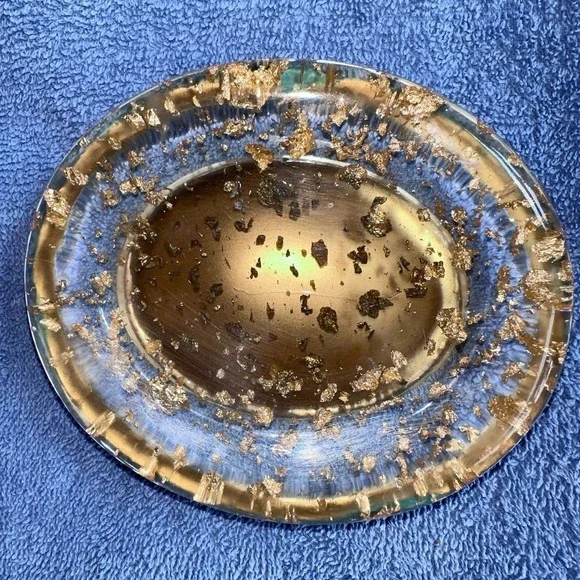 Nicole Miller Gold Flake Large Bathroom Soap Dish Clear Lucite Resin Oval Shape
