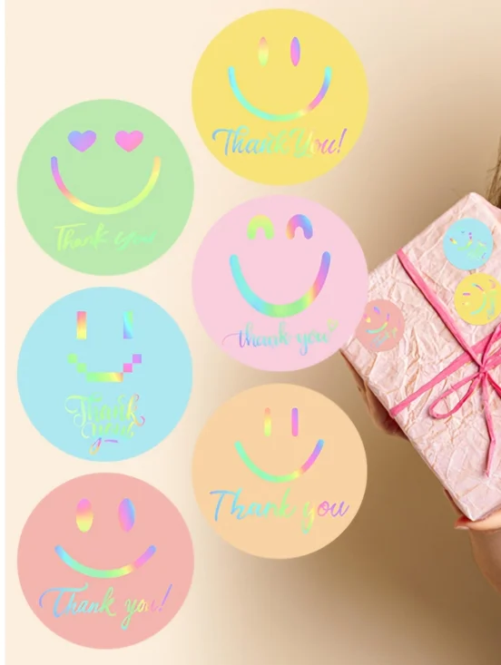 50 Holographic Pastel Thank You Smiley Sticker Labels 1.5