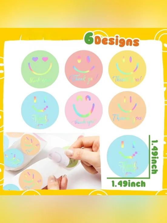 150 Holographic Pastel Thank You Smiley Sticker Labels 1.5