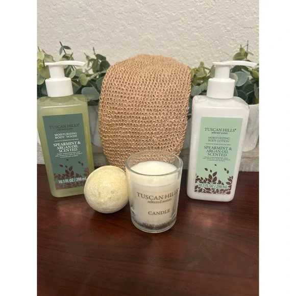 Tuscan Hills bath and body set includes spearmint and argan oil scented products