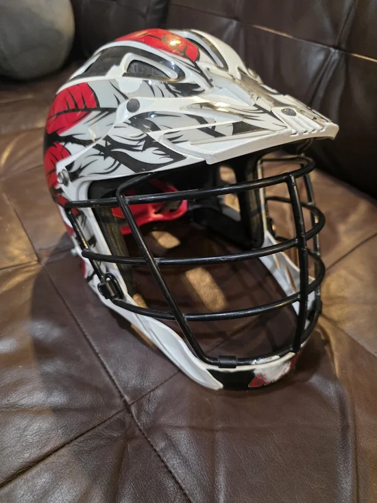 White Red Graphic Lacrosse Helmet with Black Cage