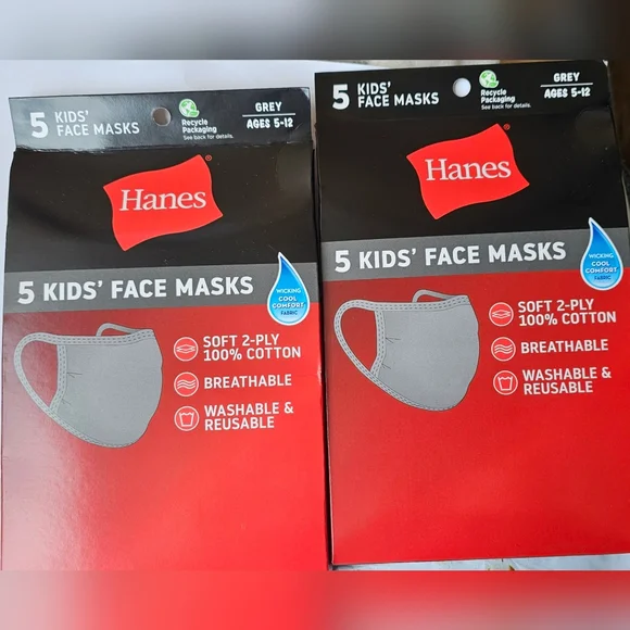 Hanes 5 Kid's Face Mask Grey Ages 5-12(2pk)