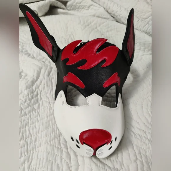 Adult Size Pup/Dog Mask Red, White, Black, Handmade Leather