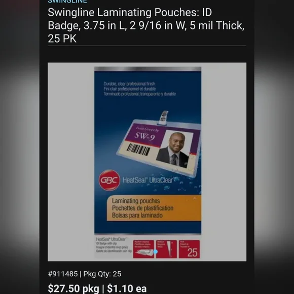 New SWINGLINE Laminating Pouches: ID Badge, 3.75 in L, 2 9/16 in W, 5 mil Thick,