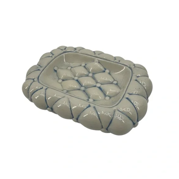 80s Ceramic Cream and Blue Pillow Quilted Balloon Soap Dish