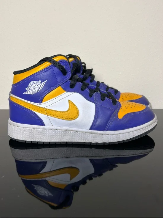 Nike Air Jordan 1 Mid Lakers GS Size 5Y Purple Gold Sneakers
