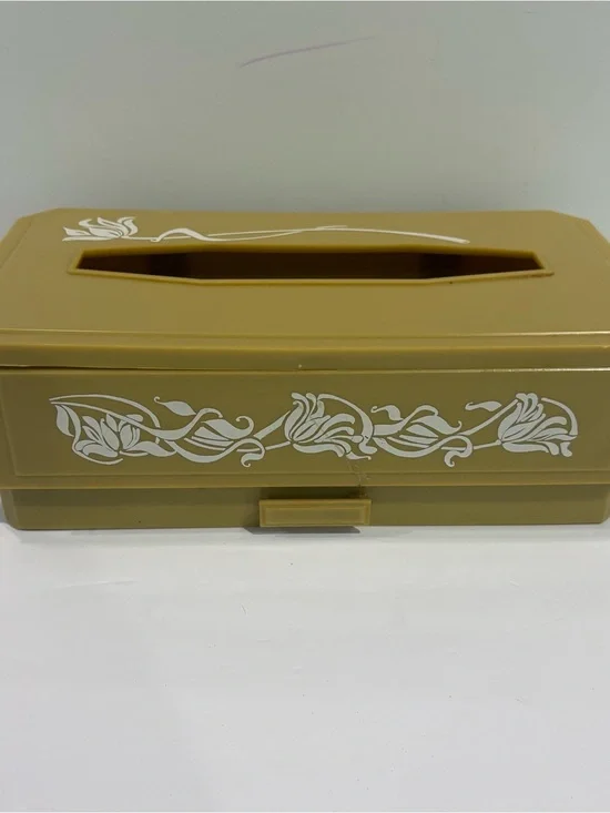 Vintage MCM Yellow Plastic Tissue Box Cover White Flowers With Drawer 70s Retro