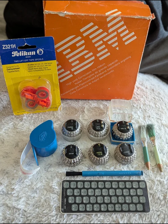 Lot Of 6 IBM Selectric Typewriter Font Balls W Tape Eraser Empty IBM box & Brush