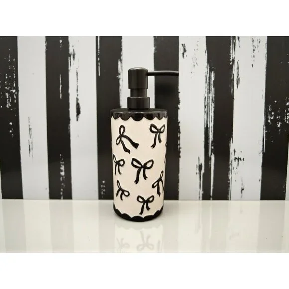 New Girly Soap Dispenser White & Black Bows Coquette Bathroon Vanity Decor