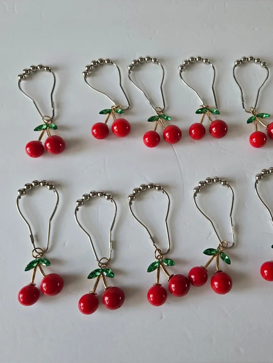 Cherry Decorative Shower Curtain Hooks, Set of 12 Metal Stainless Steel