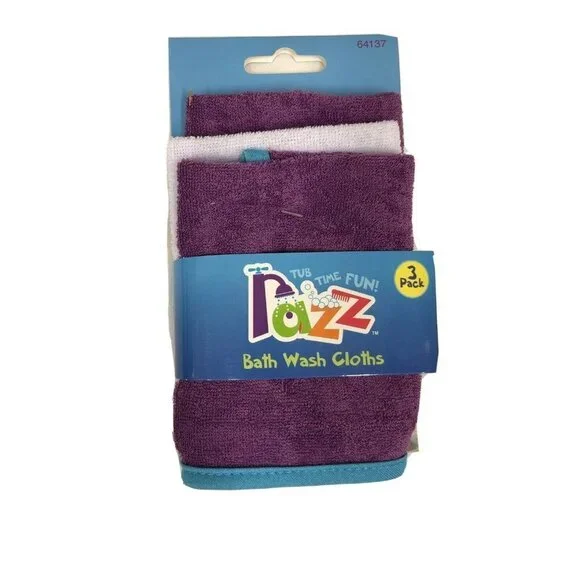 Razz Tub Time Fun Baby Bath Wash Cloths 3 Pack Purple White