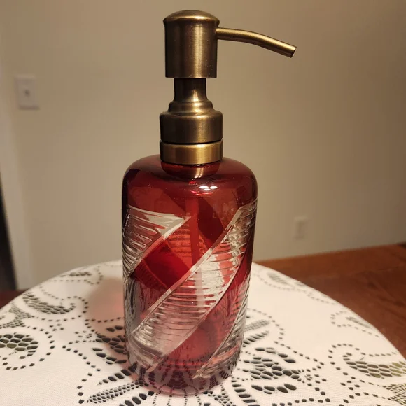 Red and Clear Swirled Glass Soap Dispenser with Brushed Brass Pump NEW