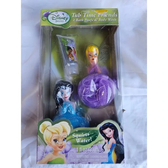 Disney Fairies Tub Time Friends 2 Bath Puffs Body Wash Squirts Water New