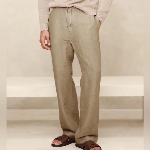 Banana Republic Onda Linen Cotton Blend Pant Khaki Beige Relaxed Fit 2024-Large