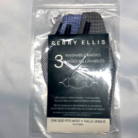 Perry Ellis 3 washable masks, Black/white, blue/white, gray/white, Nwt