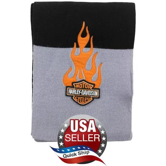 NEW Harley Davidson Scarf Muffler • Gray & Black • Bar & Shield • Orange Flames
